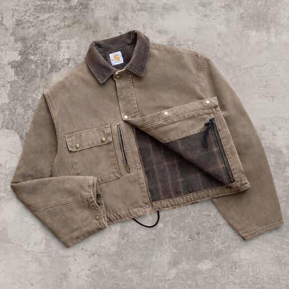 Carhartt Other - Carhartt Tan Pearl Snap Trucker Jacket USA Sz M Boxy Detroit Duck Canvas Blanket